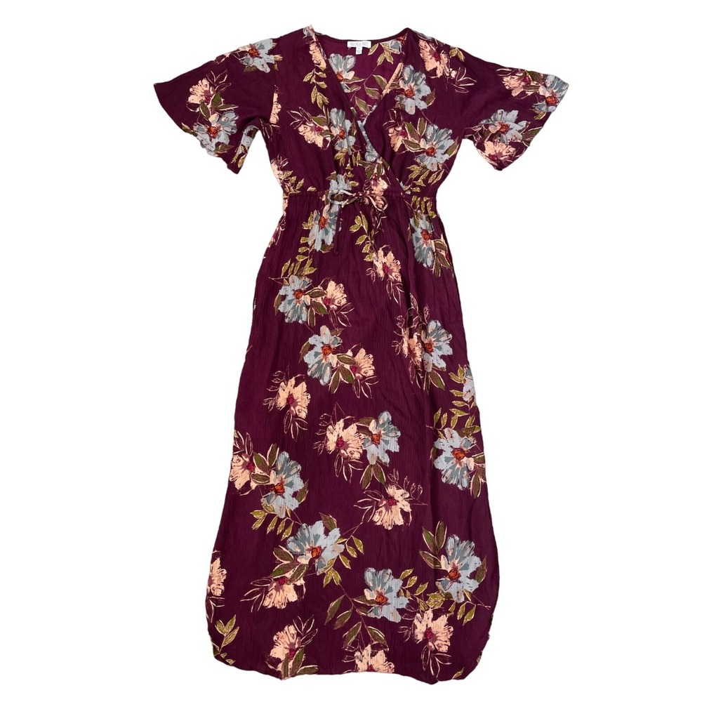 Patrons of Peace Burgundy Floral Wrap Maxi Dress Flutter Sleeve S Cottagecore‎
